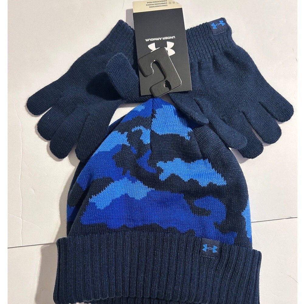 Under Armour Youth Boys Blue Camo Knit Beanie Hat and Glove Set OSFM New